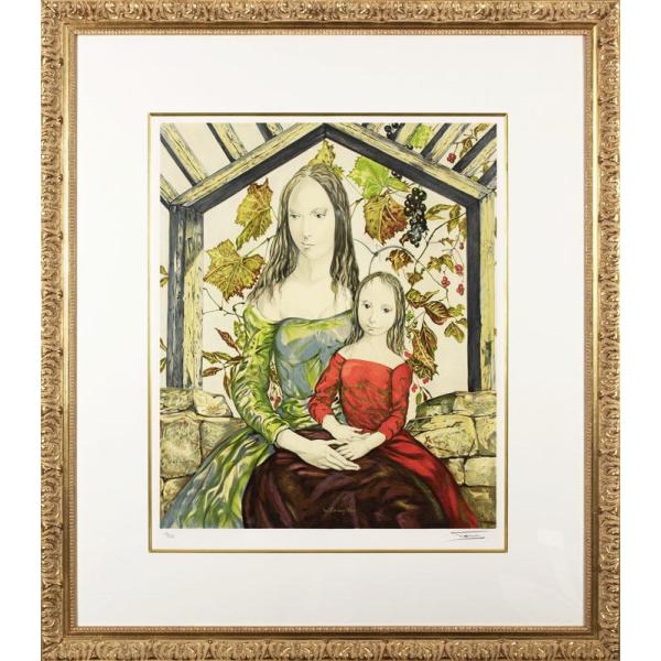 藤田嗣治 「 お母さんとぶどう棚 」 リトグラフ 版画　　　版画 絵画 洋画 女の子 人物 少女 カラフル かわいい フランス パリ フジタ 母子像 送料無料