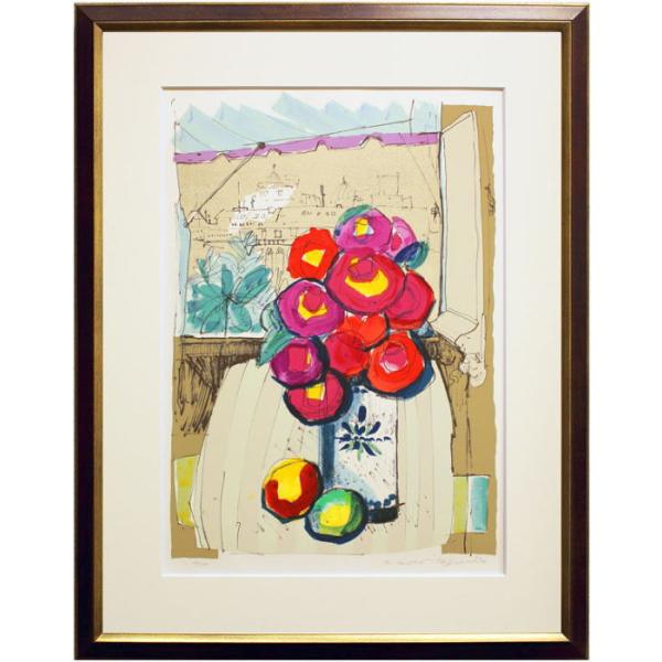 田積司朗 『花』 リトグラフ版画 絵画 果物 静物 窓 縦 : p4-1448-s 