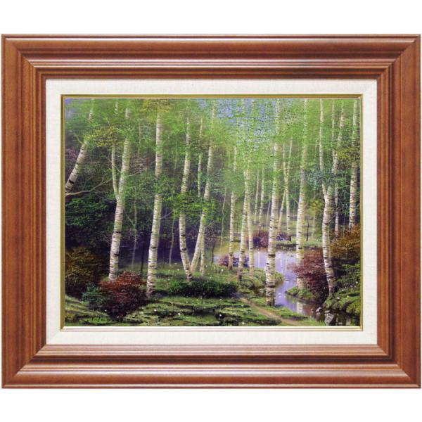 早瀬　遼 『白樺林』 油絵　F6（6号）　　絵画 洋画 自然 木漏れ日 緑 送料無料