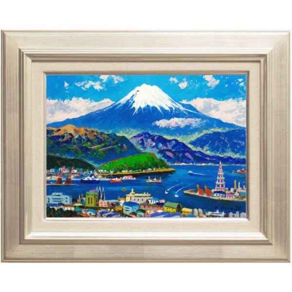半澤国雄 「 清水港富士 」  油絵 油彩画 F4 ( 4号 )　　絵画 洋画 手描き 肉筆 日本の風景 静岡県 富士山 海 船 送料無料