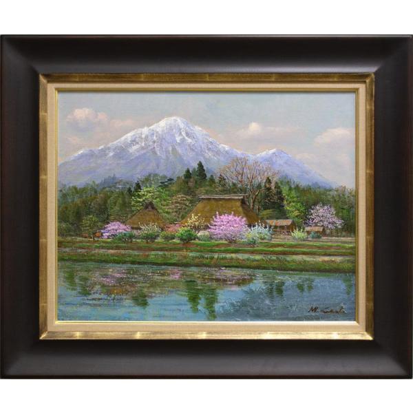 四方道夫 「 春影 」  油絵 油彩画 P10 ( 10号 )　　　　絵画 洋画 手描き 肉筆 日本の風景 古民家 茅葺屋根 自然 田舎風景 桜 送料無料