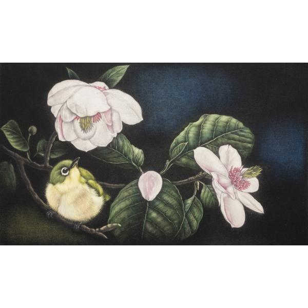 生田宏司「大山蓮華に目白」銅版画 カラーメゾチント 額装 鳥 花 春