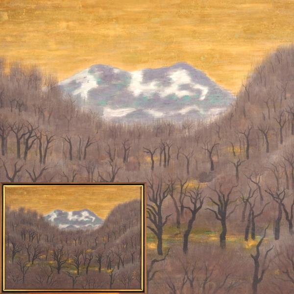 【真作】【渡鹿庵】[川本末雄] 12860 多聞堂額装 絵画 日本画 「安達太郎残雪」 15号 風景画 熊本 肥後 師松岡映丘 山口蓬春 在銘
