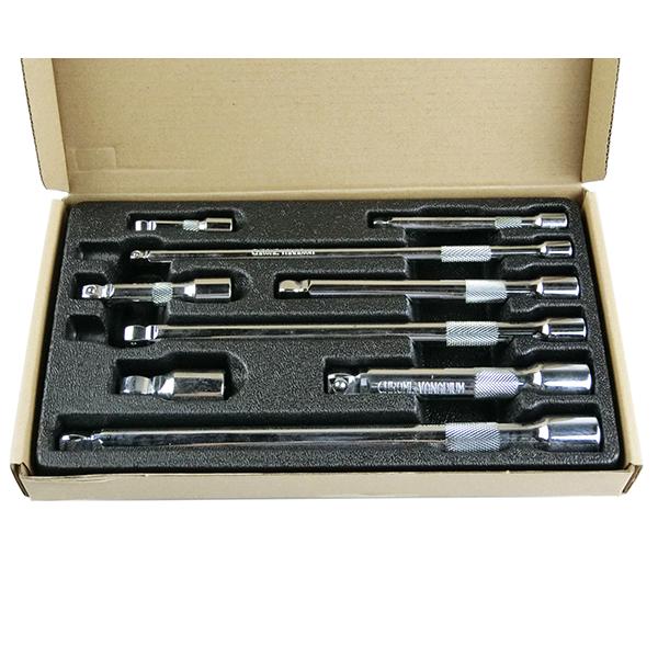 首振りタイプエクステンションバーセット。普通のエクステンションバーと違い、差込角に丸みをつけているので、装着したソケットの首振りをスムーズに行える。サイズは1/4"と3/8"と1/2"の3種類の9本セットになります。■仕様・エクステンション...