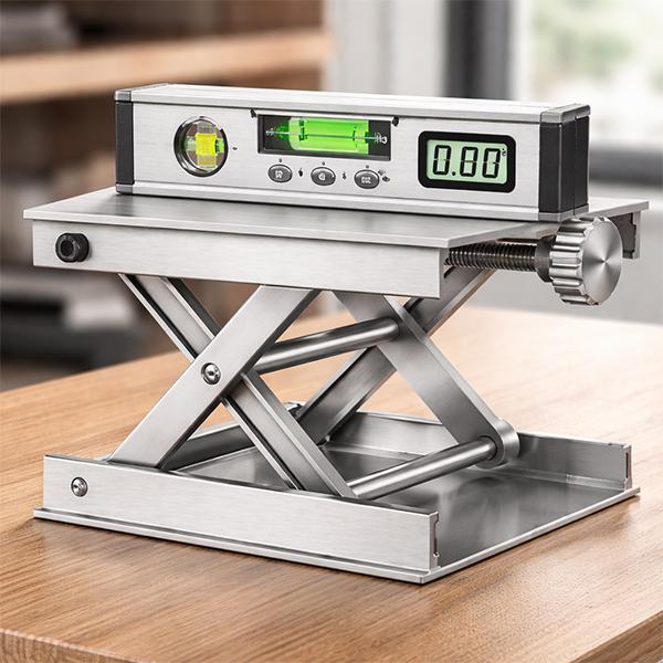 卓上での実験作業や細かい作業に適したラボジャッキ（昇降台）です。アルミニウム製のため軽量で取り扱いやすく、耐荷重6kgまで対応しています。高さは約2.5cm〜9cmまで無段階で調整可能な構造となっており、作業内容に応じた微調整が行えます。8...