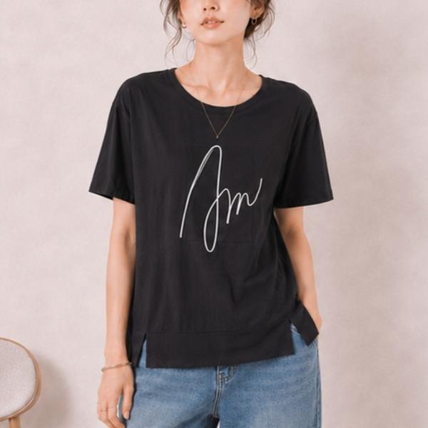 接触冷感 スクエアロゴ刺繍 Tシャツ レディース 半袖 ゆったり 体型カバー 裾スリット 大人カジュアル