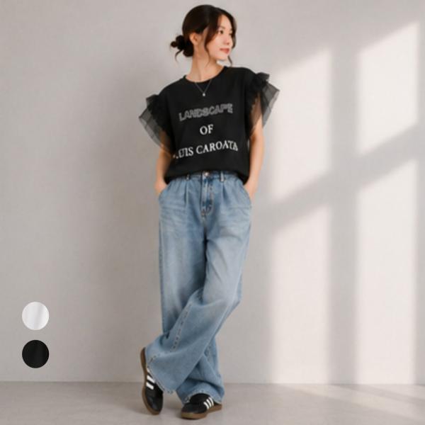 袖チュールフリル ロゴTシャツ レディース 半袖 フリルスリーブ 綿100％ カットソー トップス