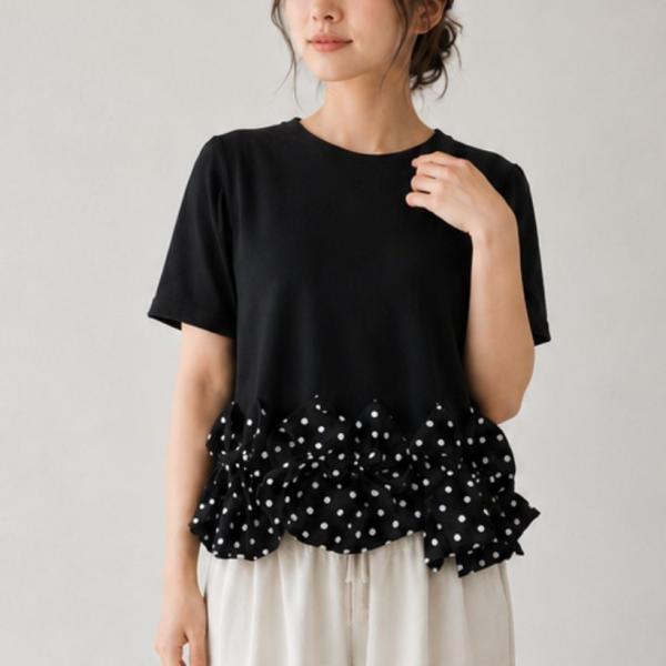 裾ドットリボン 半袖Tシャツ 異素材切替 ペプラム風トップス レディース 大人可愛い