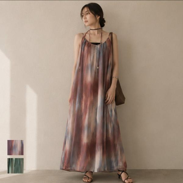ニュアンス柄 シアー キャミワンピース レディース ロングワンピース 水彩柄 フレア マキシ丈 レイヤード 春 夏 秋