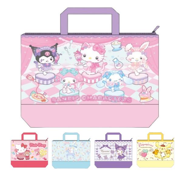 入学入園に大活躍間違いなし大人気のSANRIOのトートバッグです。上部にファスナーが付いているので中身の飛び出しを防止出来ます。机のフックに引っ掛けられる便利な短め持ち手付き。外生地撥水＆抗菌機能付ポリエステル製なので水に濡れにくく汚れにく...