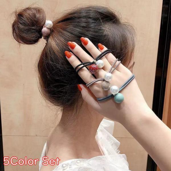 ヘアゴム 2連ボールチャーム 5色セット シンプル ヘアアクセサリー 髪飾り ポニーテール 手軽 簡単 髪留め