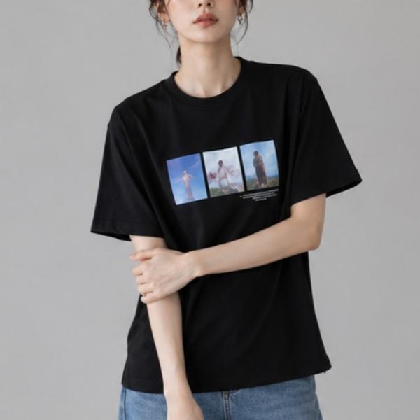 パネルフォトプリント ビッグシルエット半袖Tシャツ ニュアンスフォト ブラック 綿100％