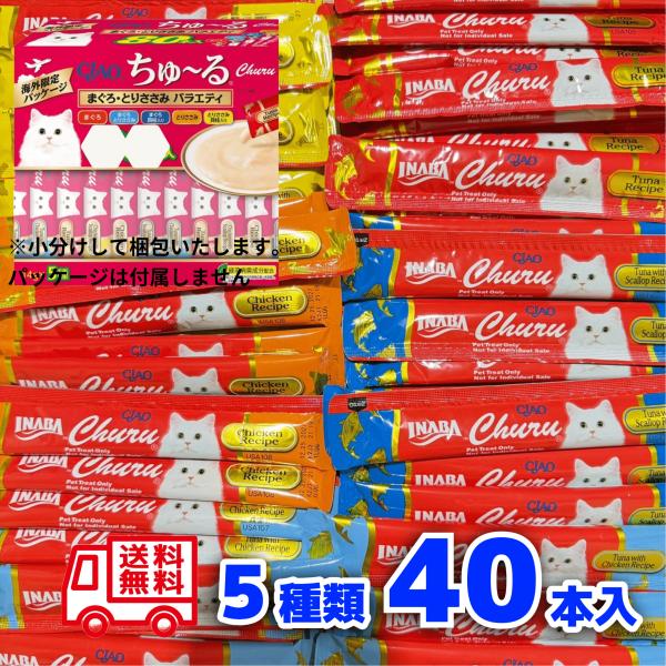 いなば CIAO ちゅ〜る 40本 5種アソート チャオ ちゅーる 猫 おやつ 詰め替え バラ売り 英語パッケージ タイ産 日本語説明書付 ネコポス配送
