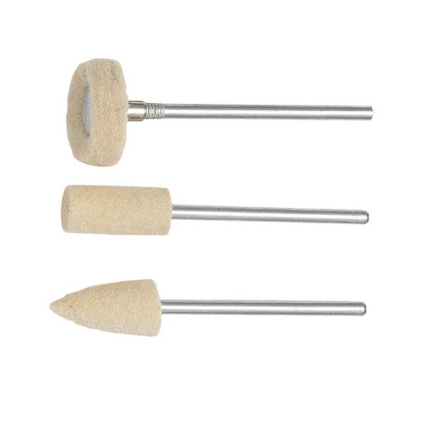 【特徴】金属、宝石、ガラスの超仕上げ、みがき、つや出し(研磨剤が必要です)に最適です。【用途】金属、貴金属のつや出しができる純毛バフ。【仕様】●シャフト径：2.35mm。●サイズ：先端部分・ディスク径16×3mm、棒径7×15mm、矢型径8...