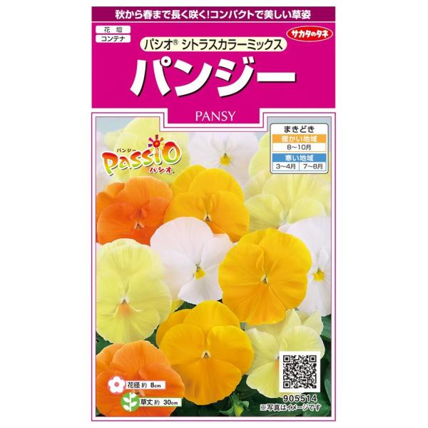 秋、冬、春と休むことなく咲き続けます。暖かい季節でも、コンパクトな草姿です。斜め上向きに開花するため、見栄えがします。花径約8cmの大輪でブロッチ(目)のないオレンジ、イエロー、プリムローズ、ホワイトの4色混合種です。品種名：パシオクリアイ...