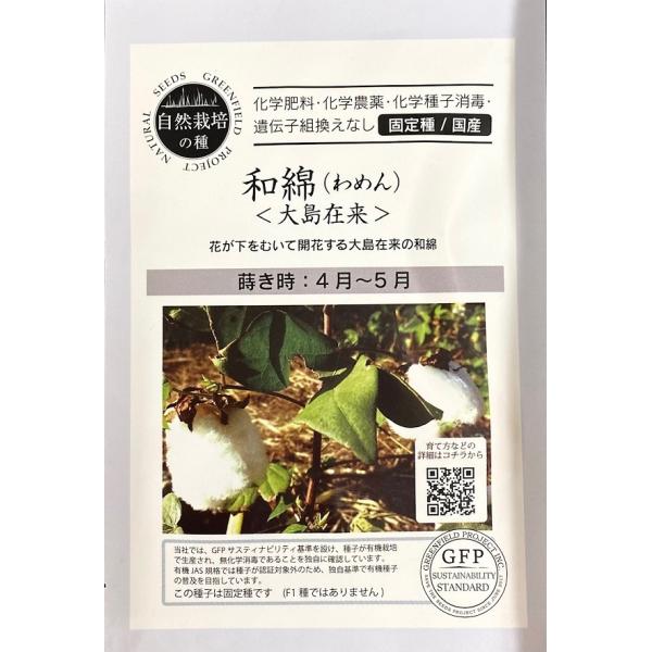花が下を向いて開花する大島在来の和綿。背丈は50〜60cm程度。GFPサステイナビリティ基準をクリアした自然栽培の種。この種子は固定種です（F1種ではありません）