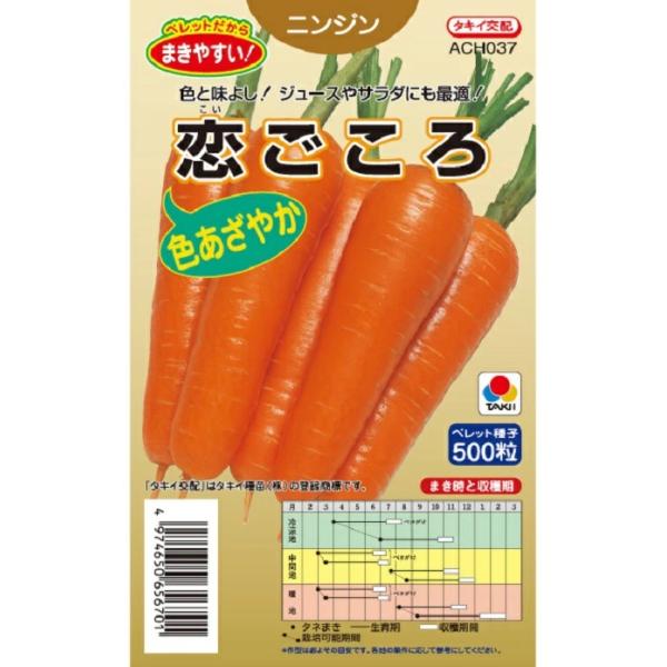サラダなど生食用にも最適の色よし五寸ニンジン。適期栽培では100日程度で収穫でき、根長18cmでよくそろう。春まき栽培も可能。