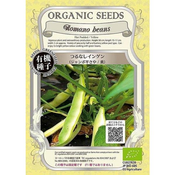 明るい黄色が特徴の平たいインゲン豆です。味はやや甘味があり風味豊か、ビタミンA及びCが豊富です。草丈50センチ、莢の長さ15〜17センチ、幅2センチほどまで成長します。固定種です　(F1ではありません)