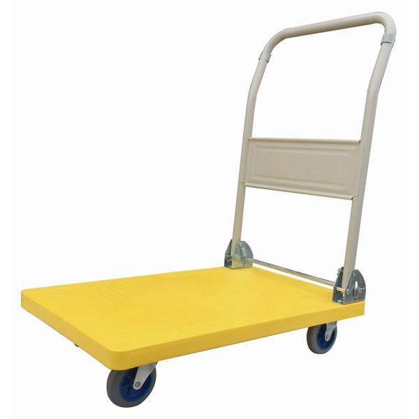 折りたたみのプラスチック台車です。荷台部分がプラスチックの為、スチール台車と比べて軽量です。 積載重量：100kg積載面：70×45cmハンドル高：87cm荷台までの高さ：15cm自重：7.5kg※箱には入っておりませんのでごく稀に運送中に...