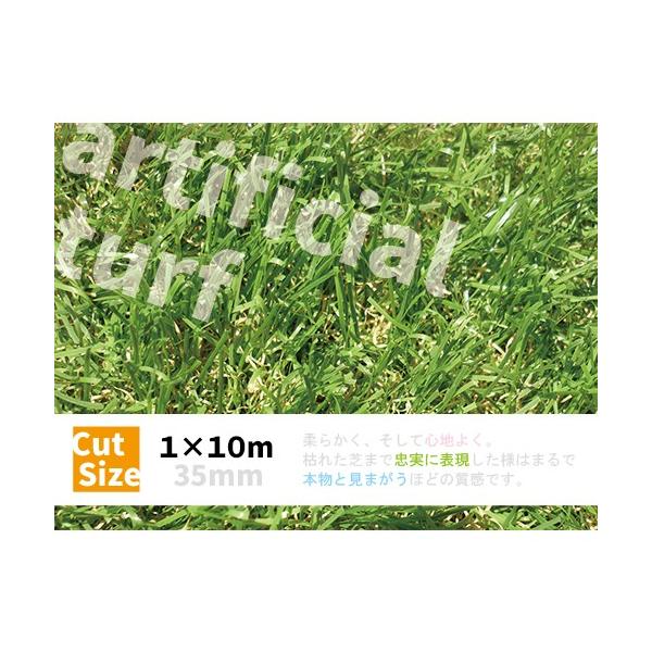 ●商品仕様（材質） 　材質：PE(ポリエチレン) 　色：グリーン ●商品サイズ（単位：約mm） 　商品外寸：幅1m×長さ10m　芝の長さ3.5cm ●注意事項 　直射日光に長時間さらされると高温なる場合がございます。　多少、色味が変わる場合...