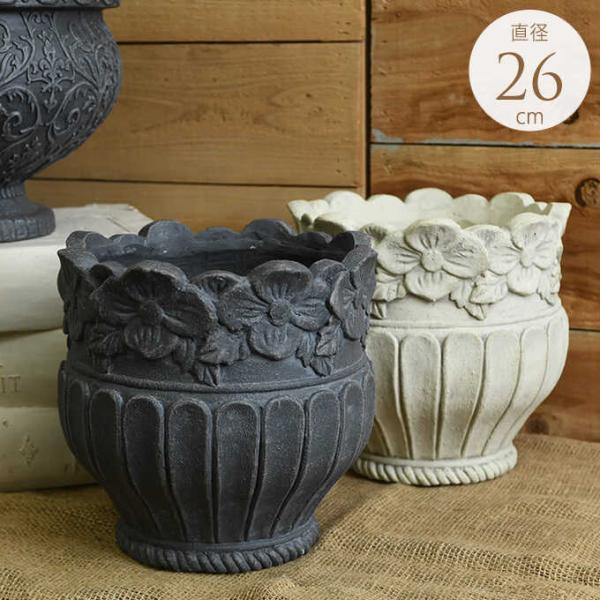カラー:ブラック、ホワイト材質:グラスファイバーサイズ/重さ:直径260×高さ245mm　内径：215mm備考:側面に花弁をたくさんあしらっした華美なプランター。今まであるようでなかった、プランターが主役になれるとってもおしゃれなデザインで...