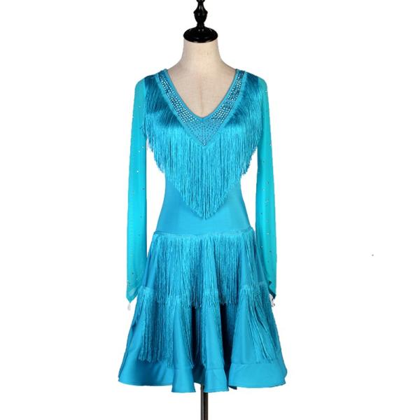 ストレッチ素材で動きやすく、発表会、競技、練習などにおすすめのレディースモダン社交ダンス衣装です。伸縮性がありとても着心地が良いワンランク上の生地を使用しています。[サイズ/cm]     S/　　着丈80-85 　バスト78-84　　ウエ...