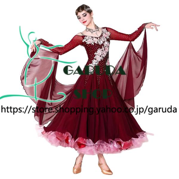 Garuda SHOP　社交ダンス衣装 女性モダンドレス　発表会ワルツドレス　モダン競技試合ワンピース　スタンダードドレス　 品番9070