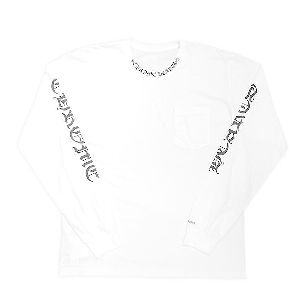 【新作・新品】CHROME HEARTS クロムハーツ ロゴ ロングスリーブ Tシャツ 白 ホワイト XLサイズ 黒プリント メンズ 首下 シンプル  おしゃれ