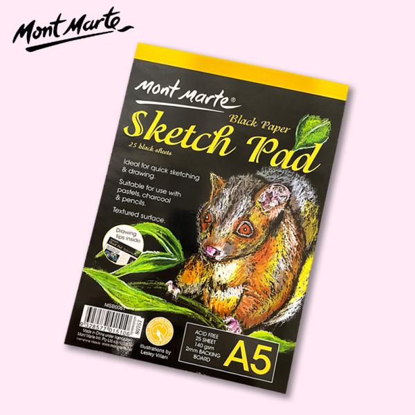 オイルパステルや、パステルなど最適！【商品情報】ブランド: Mont Marte品名: 色画用紙 スケッチブック （黒）サイズ: A5 210ｘ148mm規格：140g素材；パルプ枚数: 25枚