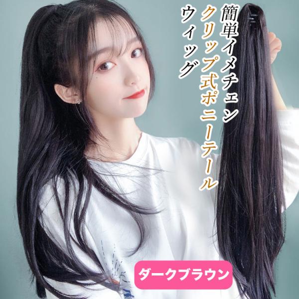 ウィッグ クリップ式　ポニーテールウィッグ 50cm エクステンション ロングストレート（ダークブラウン）12HO