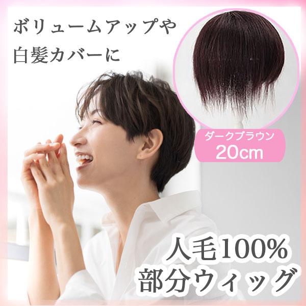 人毛100％ 部分ウィッグ ヘアピース 軽量 蒸れにくい 装着簡単 白髪隠し 20cm ダークブラウン 28HO
