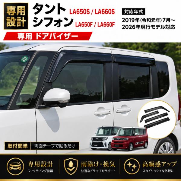 タント LA650S LA660S シフォン 2019-2026年 ドアバイザー スモークブラック 雨除け 外装 カスタム パーツ W固定 専用設計