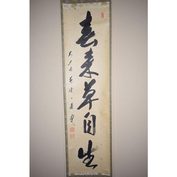 茶道具 掛軸 前大徳 蔵雲寺 矢野 一甫 「春来草自生」　掛け軸  01-7803 175.5×35.4cm シミ、折れ、色焼け、木箱の変色はありますが、本体はしっかりしています、お稽古にお使いになるには差し支えありません。
