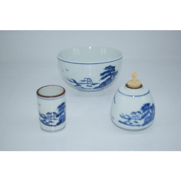 茶道具 茶箱 茶碗セット 染付 山水 陶楽 作 3点セット 茶道 27-8801
