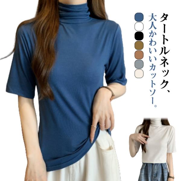 タートルネック 半袖 Tシャツ レディース 薄手 半袖Tシャツ トップス ハイネック カットソー 春 夏 無地 ティーシャツ シンプル フィット スリ