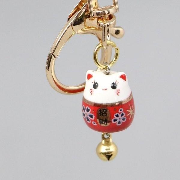 招き猫 キーホルダー お守り ストラップ 鈴 キーリング 陶器 : ジェム