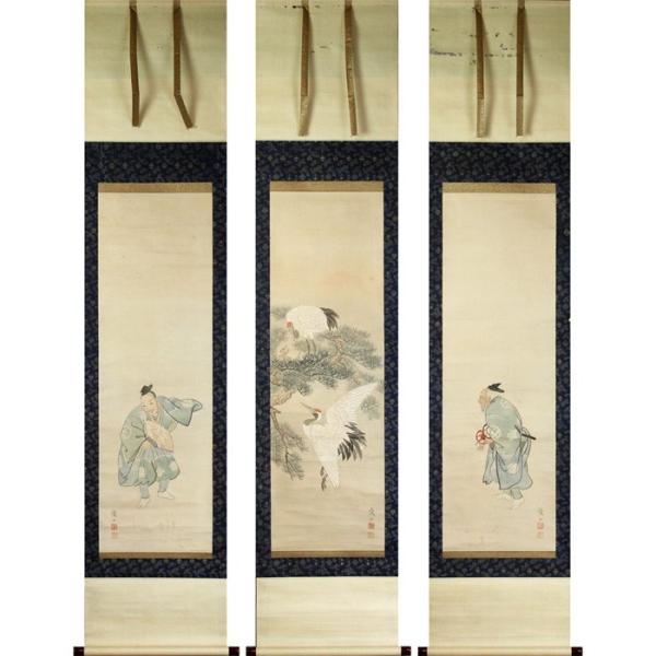 ｓ 美術 工芸品 20200512002 古美術天保10年冬ヤフー店浪華宇和島藩愛山筆浪華宇和島藩愛山筆日出松鶴左右萬歳三幅対 古箱入り古美術