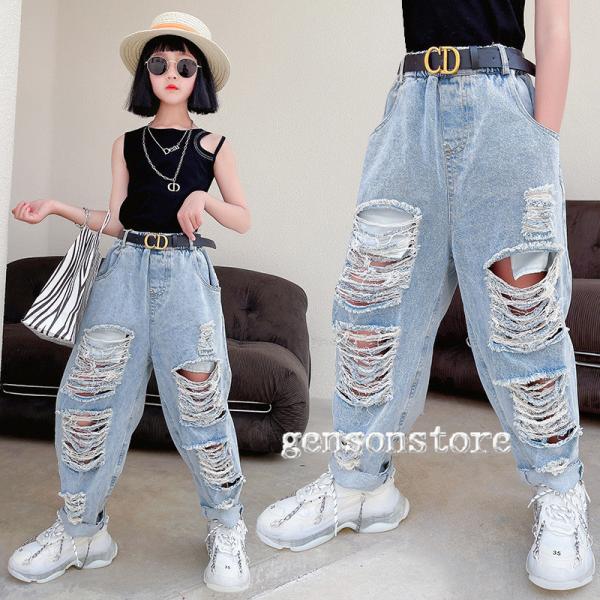 キッズ ダメージジーンズ ロングパンツ 女児用 長ズボン ガールズ 子供 ジュニア ボトムス パンツ クラッシュ デニム Gパン ゆったり 夏 キッズファッション