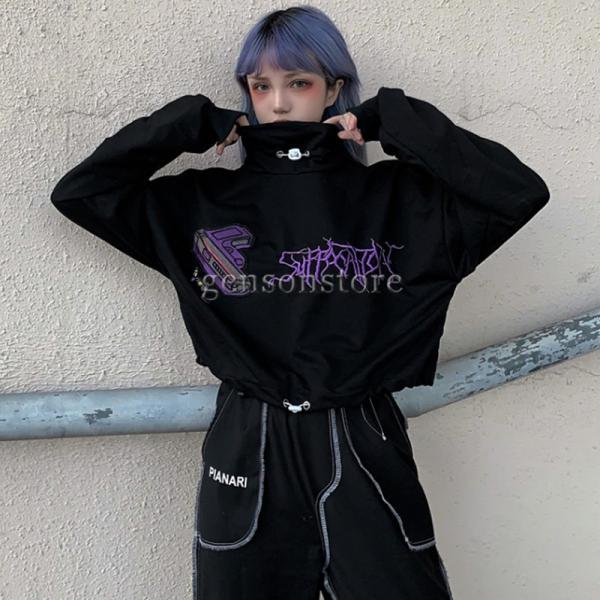 トップス カーカー ゆったり ダーク系 韓国ファッション レディース プルオーバー 原宿系 ゴシック ハイネック 長袖 カットソー Hiphop風 May 3193 源淞ストア 通販 Yahoo ショッピング
