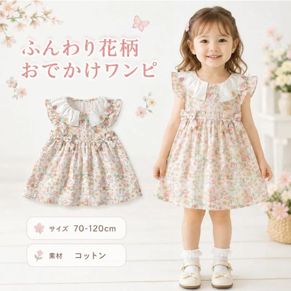 子供服 ワンピース 女の子 花柄 半袖 ワンピ キッズ ベビー コットン 綿 フラワー フリル襟 襟付き リボン おしゃれ かわいい 夏服 春夏 ガー