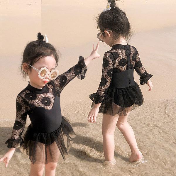 水着 女の子 キッズ ベビー 赤ちゃん 子供 ジュニア 女児 ガールズ ブラック レース ワンピース スイムキャップ付き 水遊び プール 海 小学生 幼稚園