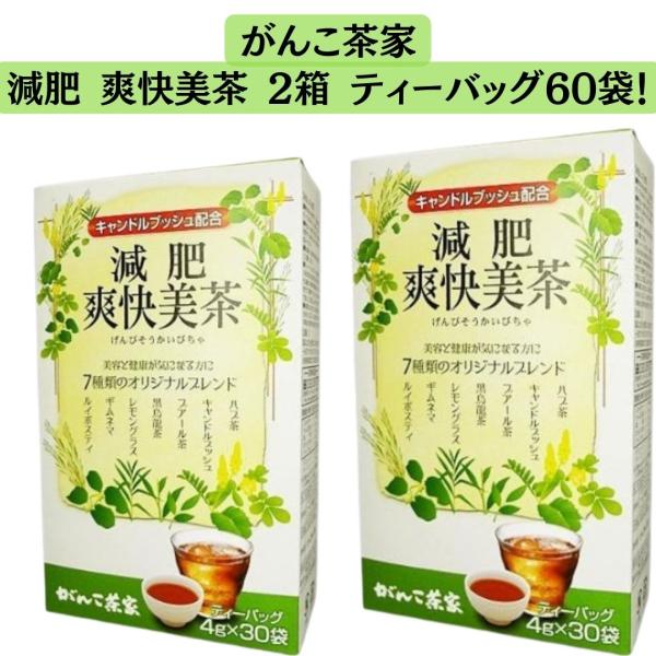 がんこ茶家 減肥爽快美茶 2箱です！(ティーバッグ4g×60袋)【商品紹介】■不規則に生活になりがちな現代人の毎日爽快な気分でスッキリしたいという方に！■原材料にキャンドルブッシュをはじめレモングラス、計7種類のオリジナルブレンドのお茶です...