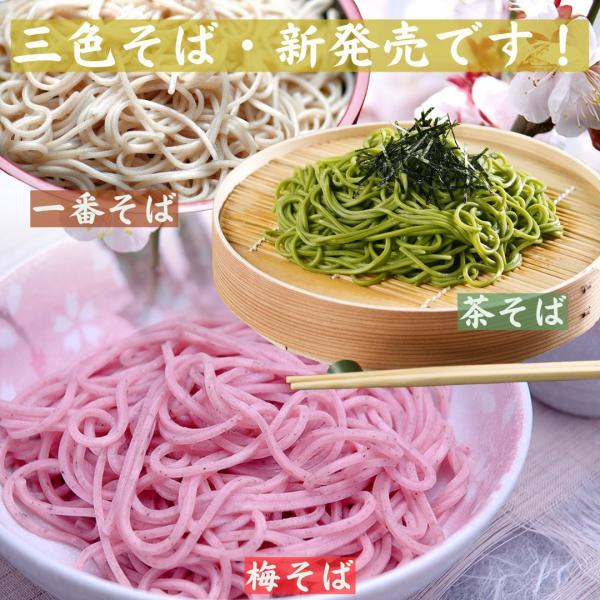 奈良県の麺類製造メーカー・川本食品の『三色そば』です！各袋2人前、温、冷どちらでもお楽しみいただける『つゆ付き』です！【商品紹介】■茶そば−宇治の高級抹茶をたっぷりと練り込んでいます。抹茶の芳醇な香りと美しい翠をお楽しみください。■梅そば−...