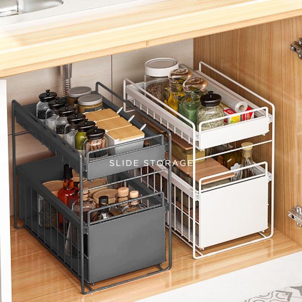 [Release date: March 2, 2020]シンク下 収納 スライド 引き出し 2段 スライドラック キッチン 洗面台下 シンク下収納ラック キッチンストッカー おしゃれ ブラック ホワイト 黒 白 調味料ラック 調味料入れ ...