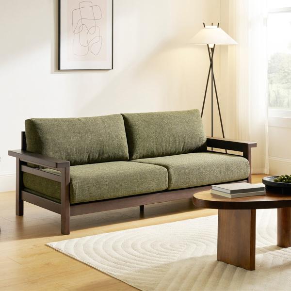 TimberLush ヴィンテージ ウッドベースソファ 2.5人掛け 布製 天然木