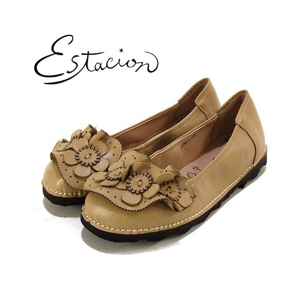 フラワー装飾 ベージュ フラットシューズ　　エスタシオン　　美品 Estacion エスタシオン Estacion 革 花モチーフ フラット