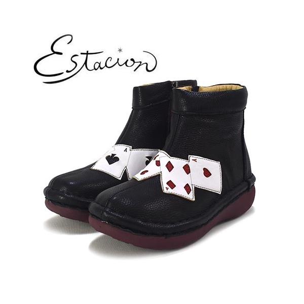 Estacion トランプ模様 黒ブーツ 箱入り Estacion トランプ模様 黒ブーツ 箱入り Estacion エスタシオン