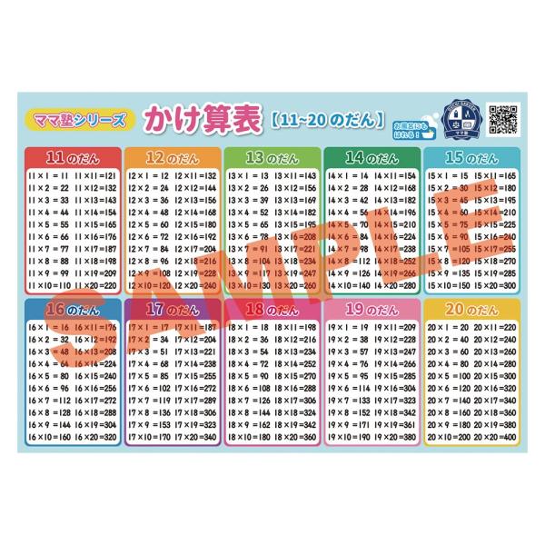 かけ算表【11〜20のだん】 学習用ポスター 勉強ポスター 【B3＋A4 2枚セット】おうち学習 お風呂にも貼れる 壁に貼りやすい大きさ かけ算 九九 インド式 ママ塾