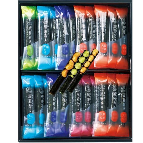 内容／合計27本入醤油大豆　　　　　　3本×3醤油ピーナッツ　　　3本×2わさび大豆　　　　　3本×1醤油カシューナッツ　3本×1塩ピーナッツ　　　　3本×2箱サイズ／32.9×26.8×4.2cm化粧箱入