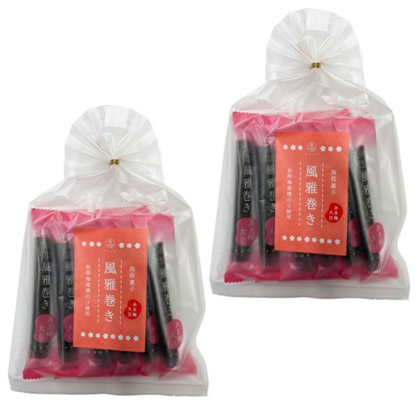 内容／２袋入：風雅巻き　あま梅大豆　6本原材料名／豆菓子（寒梅粉ミックス（澱粉、米粉）（国内製造）、大豆、砂糖、小麦粉、梅肉パウダー、シソチップ、食塩、澱粉、植物油）（国内製造）、焼のり（のり（国内産））／増粘剤（加工澱粉）、香料、膨張剤、...